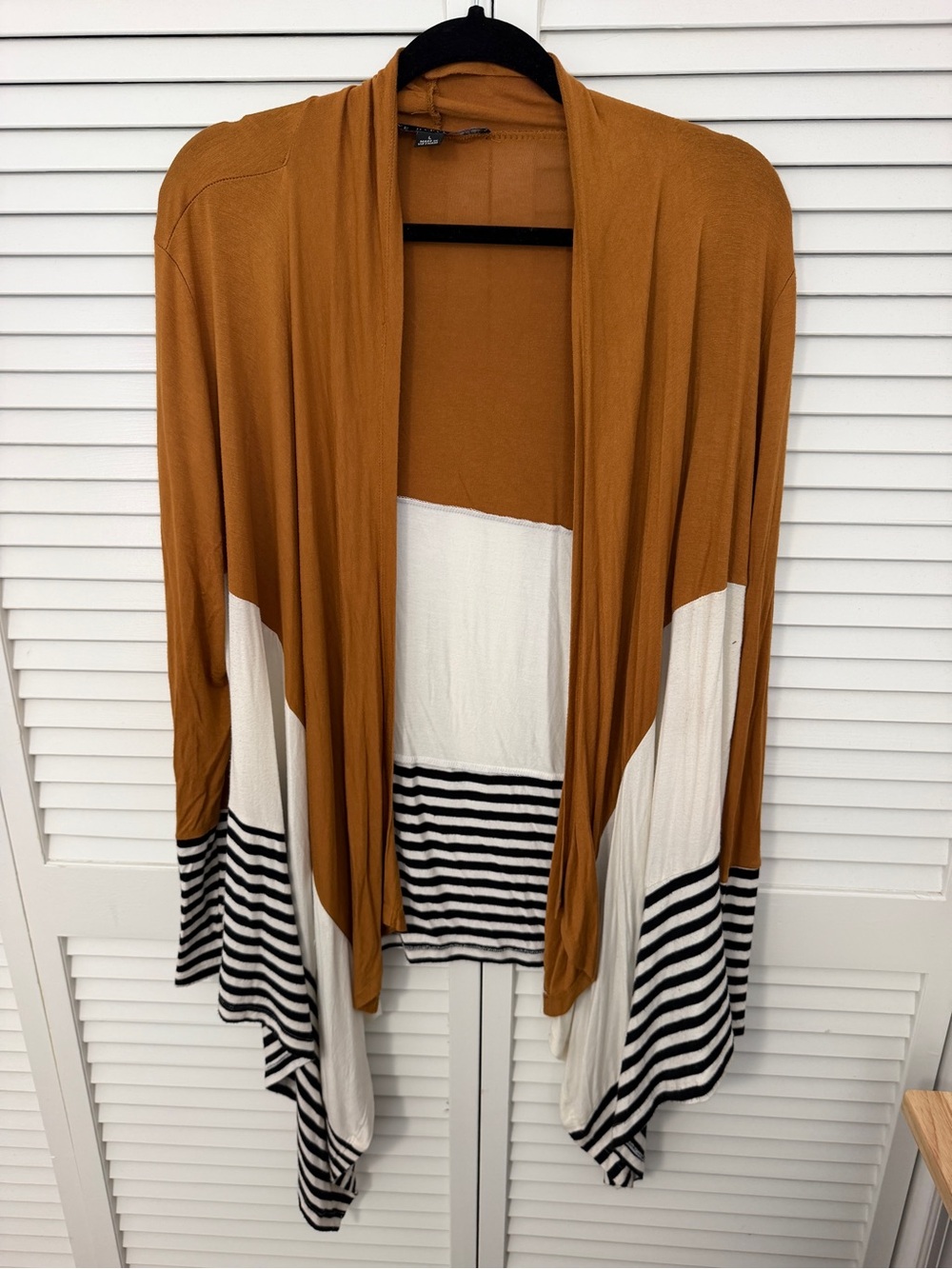 Open-Front Colorblock Draped Sweater Cardigan - Mustard/White/Black Size L
